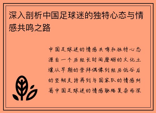 深入剖析中国足球迷的独特心态与情感共鸣之路
