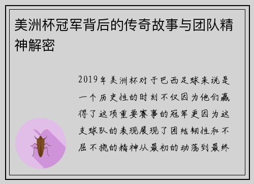 美洲杯冠军背后的传奇故事与团队精神解密 美洲杯冠军背后的传奇故事与团队精神解密